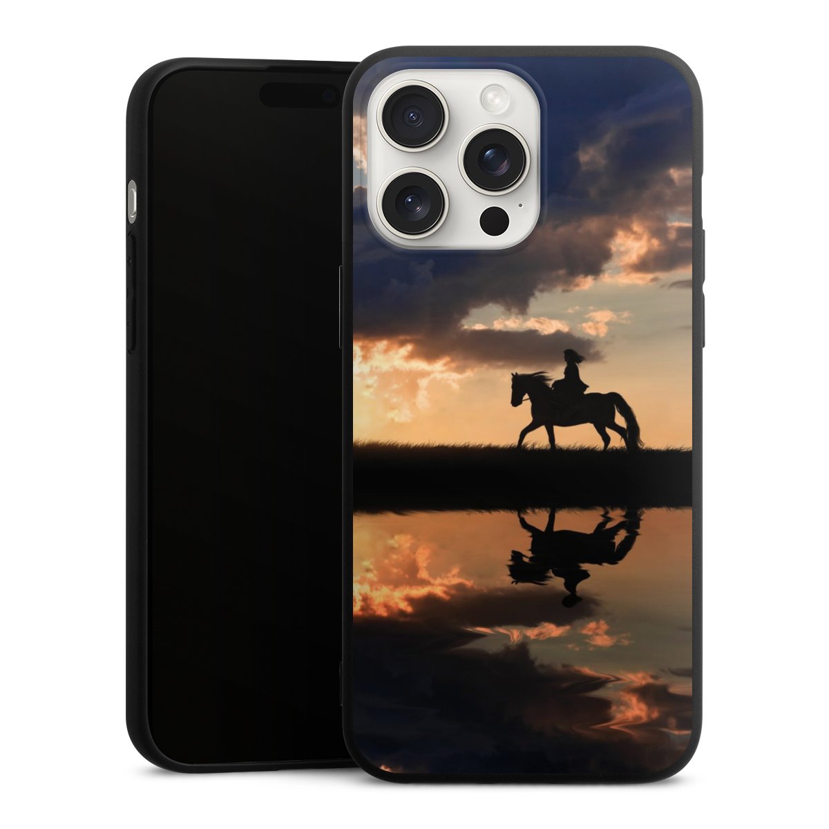 iPhone 15 Pro Max Handy Premium Silikon Hülle Handyhülle schwarz Case Horse Sunset Horseback Riding Silikon Premium Case