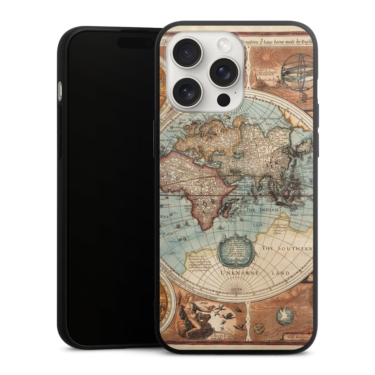 iPhone 15 Pro Max Handy Premium Silikon Hülle Handyhülle schwarz Case World Map Vintage Map Silikon Premium Case