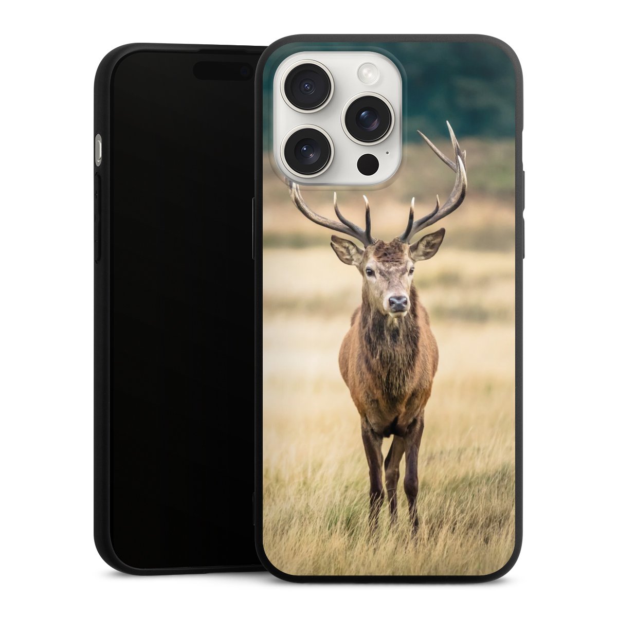 iPhone 15 Pro Max Handy Premium Silikon Hülle Handyhülle schwarz Case Deer Meadow Forrest Silikon Premium Case