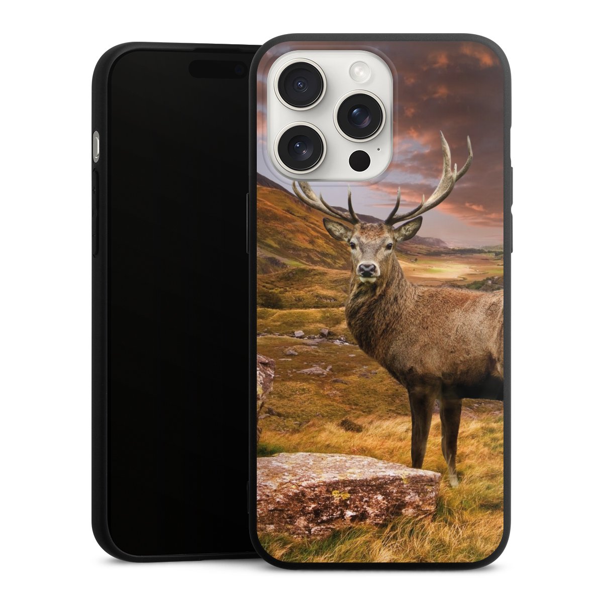 iPhone 15 Pro Max Handy Premium Silikon Hülle Handyhülle schwarz Case Meadow Mountain Deer Silikon Premium Case