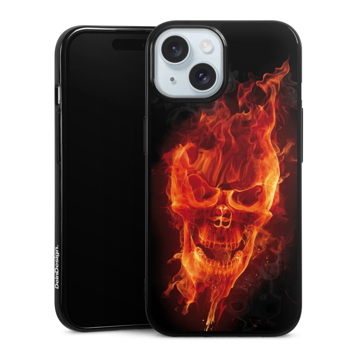 iPhone 15 Handy Silikon Hülle Case schwarz Handyhülle Totenkopf Skull Fire