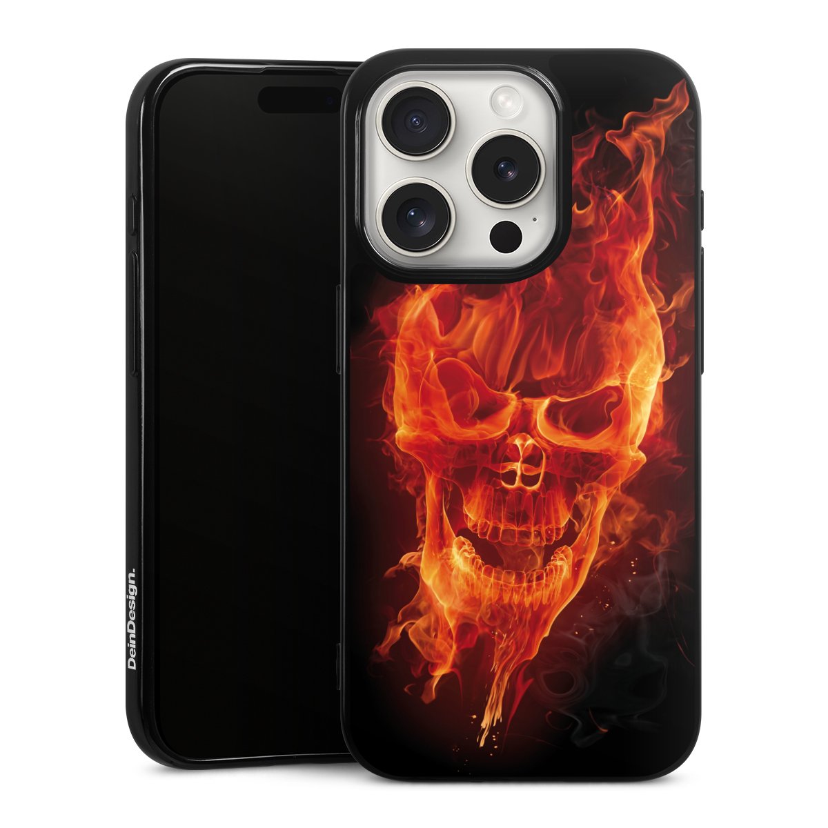 iPhone 15 Pro Handy Silikon Hülle Case schwarz Handyhülle Totenkopf Skull Fire