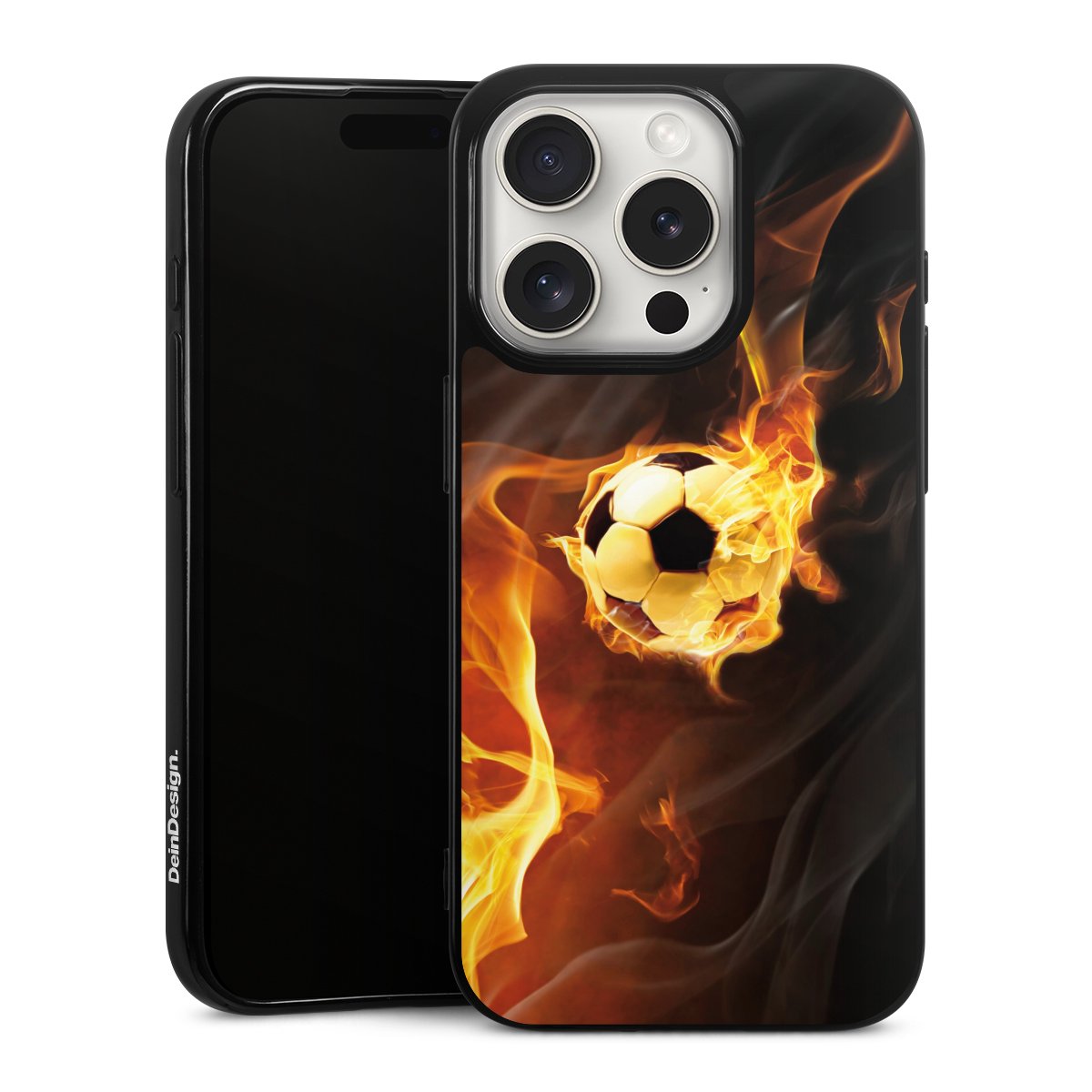 iPhone 15 Pro Handy Silikon Hülle Case schwarz Handyhülle Ball Fire Soccer