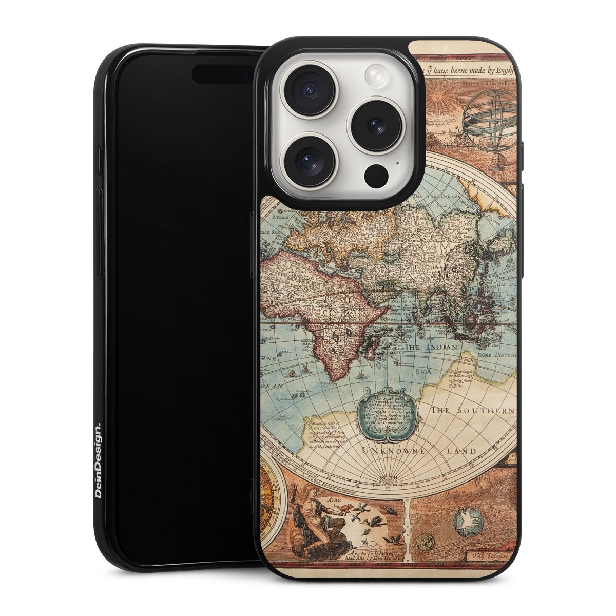 iPhone 15 Pro Handy Silikon Hülle Case schwarz Handyhülle World Map Vintage Map