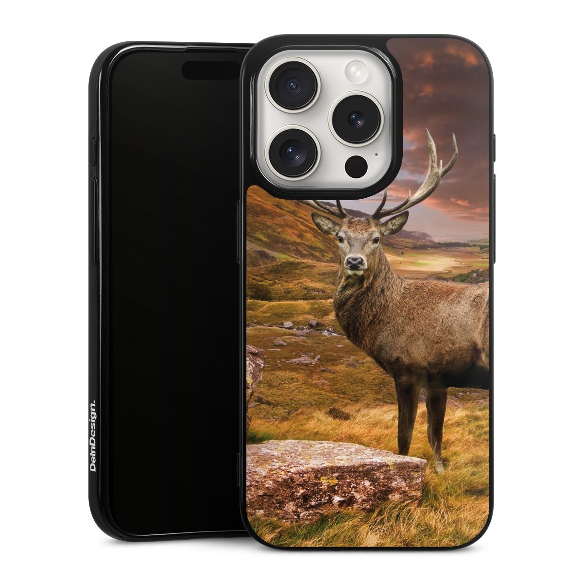 iPhone 15 Pro Handy Silikon Hülle Case schwarz Handyhülle Meadow Mountain Deer