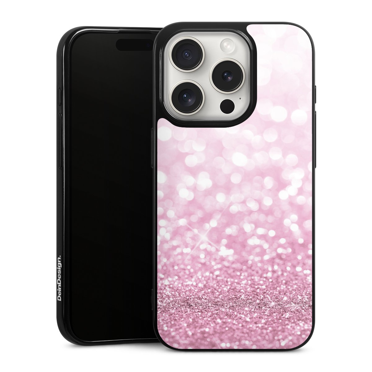 iPhone 15 Pro Handy Silikon Hülle Case schwarz Handyhülle Glitzer Pink Shine