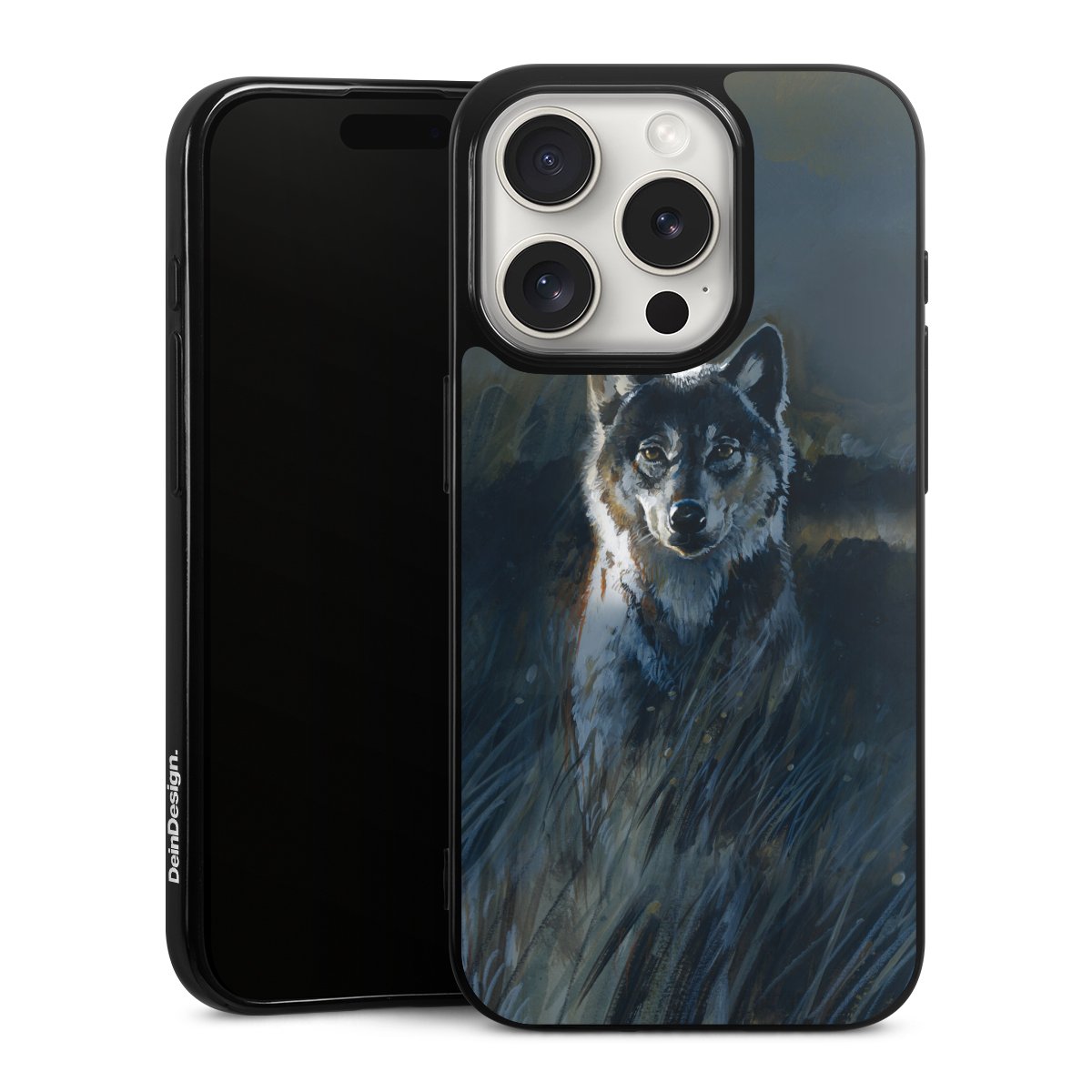 iPhone 15 Pro Handy Silikon Hülle Case schwarz Handyhülle Nature Wolf Painting