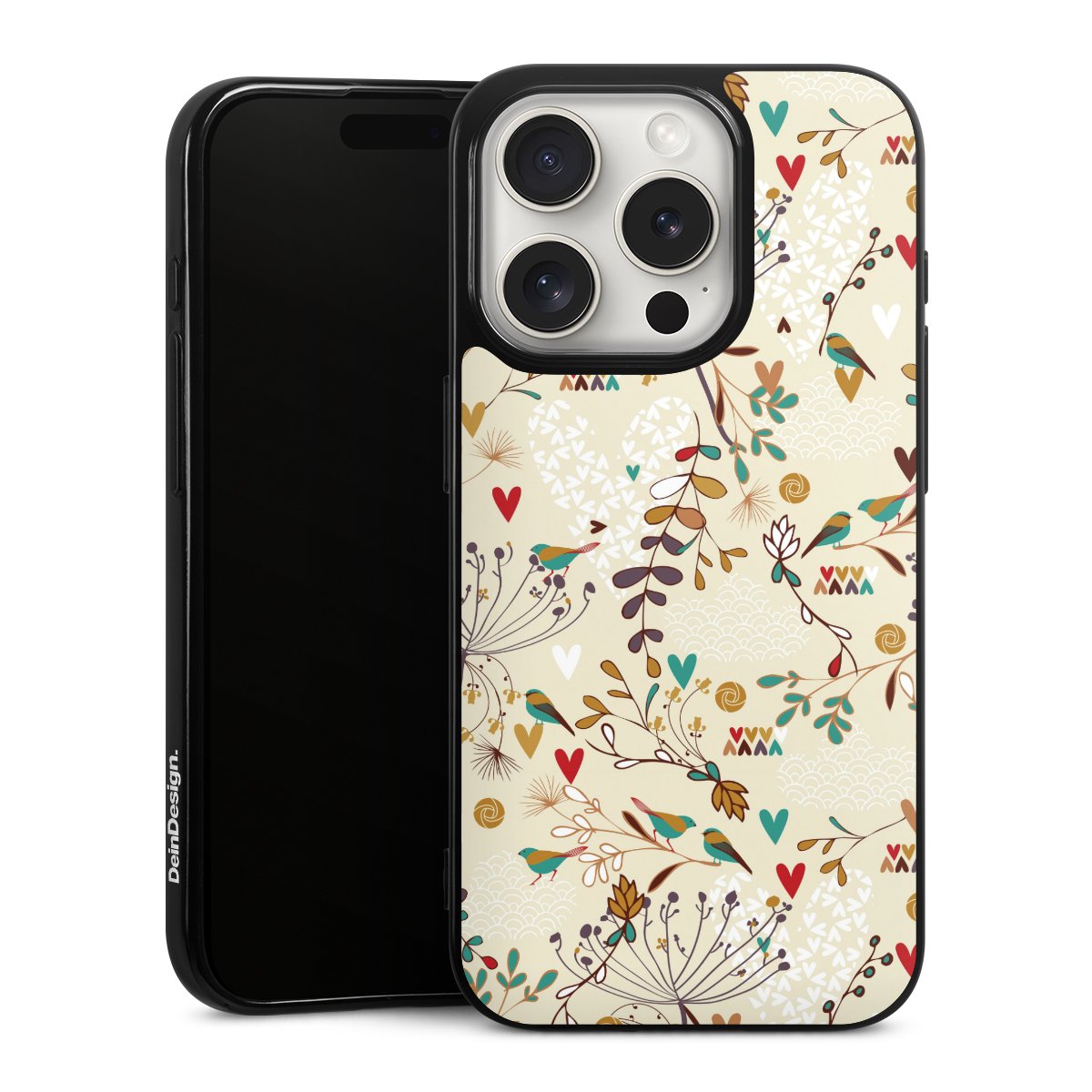 iPhone 15 Pro Handy Silikon Hülle Case schwarz Handyhülle Bird Flowers Retro