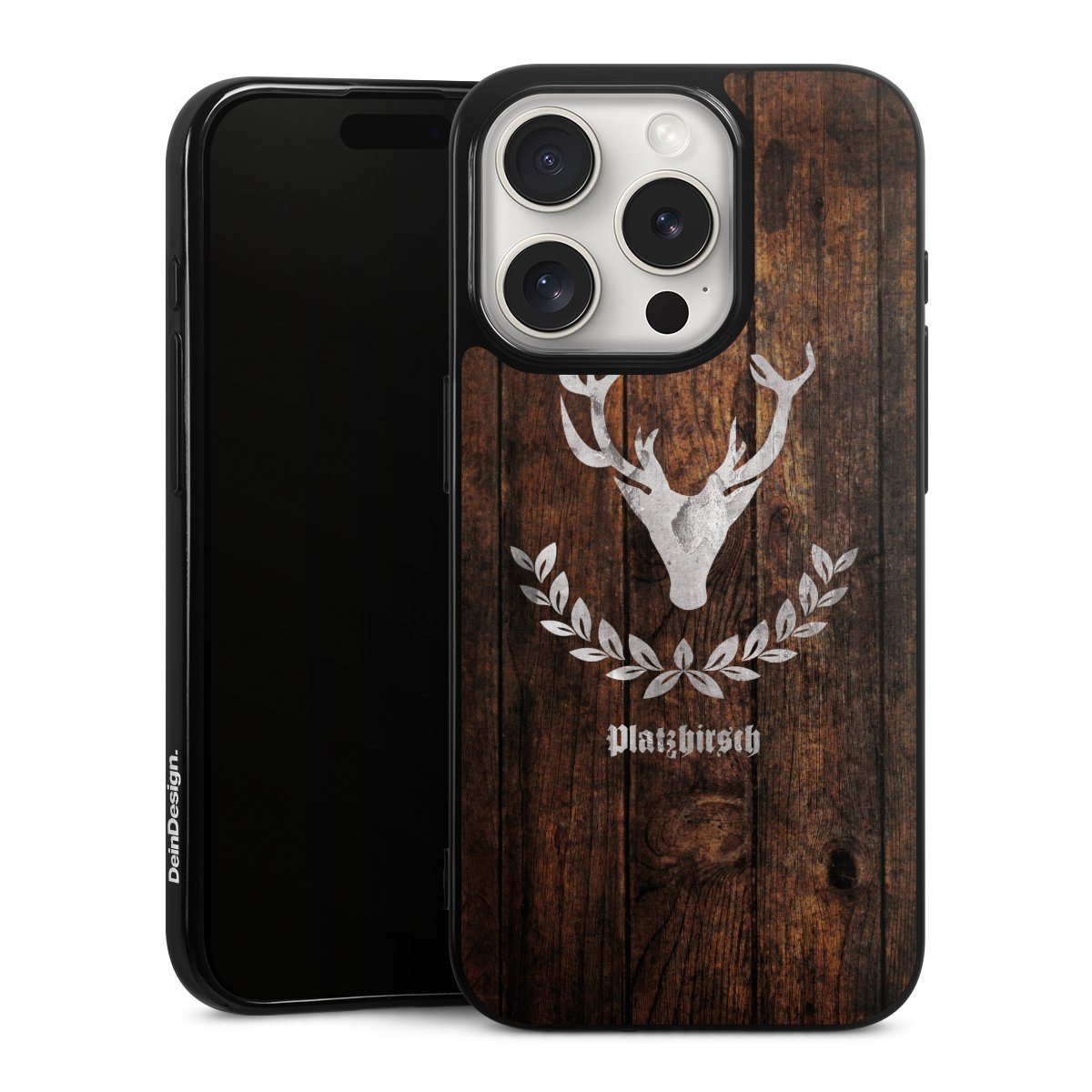 iPhone 15 Pro Handy Silikon Hülle Case schwarz Handyhülle Deer Wood Wooden Look