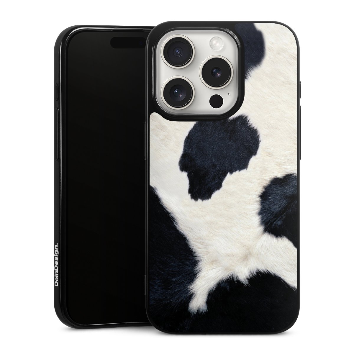 iPhone 15 Pro Handy Silikon Hülle Case schwarz Handyhülle Animal Look Animal Print Cow Skin