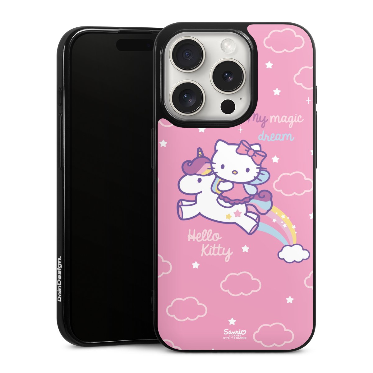 iPhone 15 Pro Handy Silikon Hülle Case schwarz Handyhülle Einhorn Official Licensed Product Hello Kitty