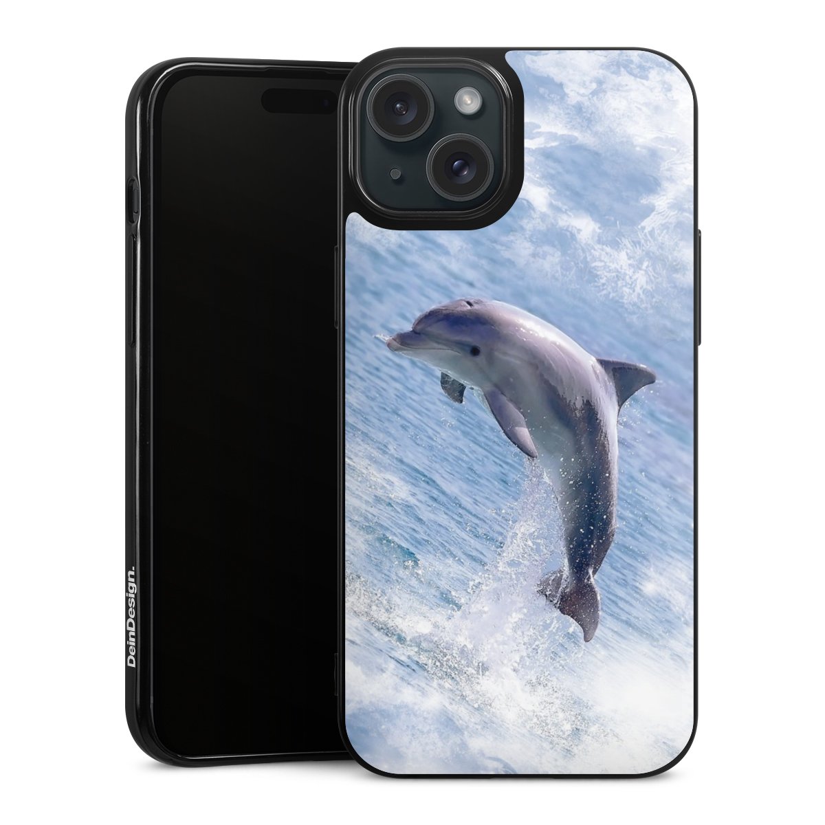 iPhone 15 Plus Handy Silikon Hülle Case schwarz Handyhülle Dolphin Ocean Wale