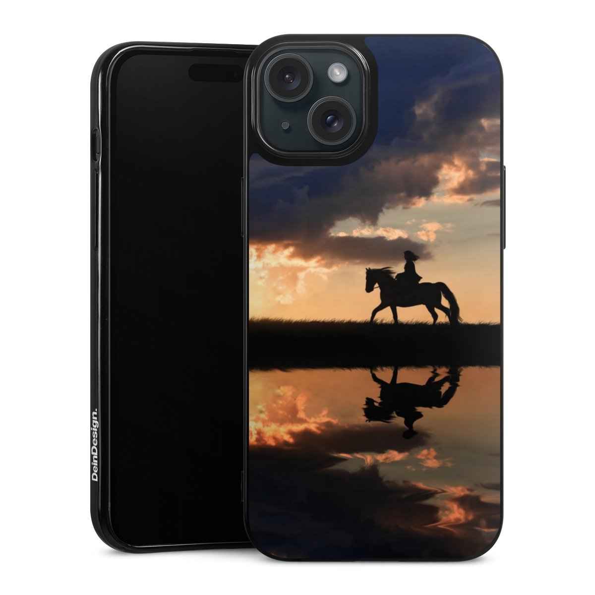 iPhone 15 Plus Handy Silikon Hülle Case schwarz Handyhülle Horse Sunset Horseback Riding