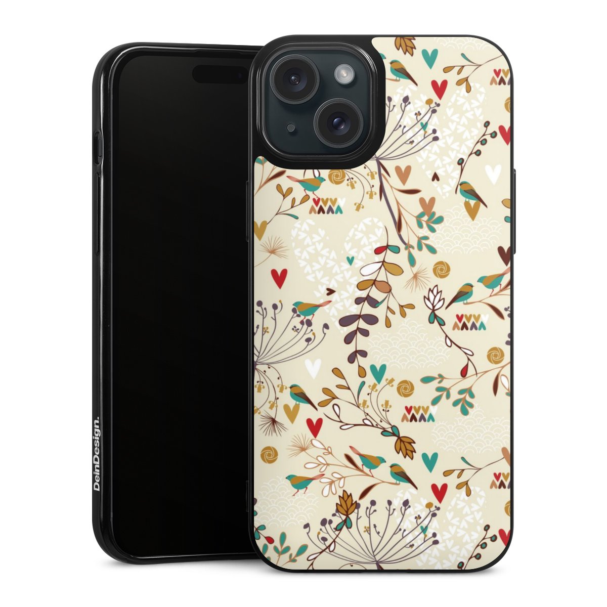 iPhone 15 Plus Handy Silikon Hülle Case schwarz Handyhülle Bird Flowers Retro