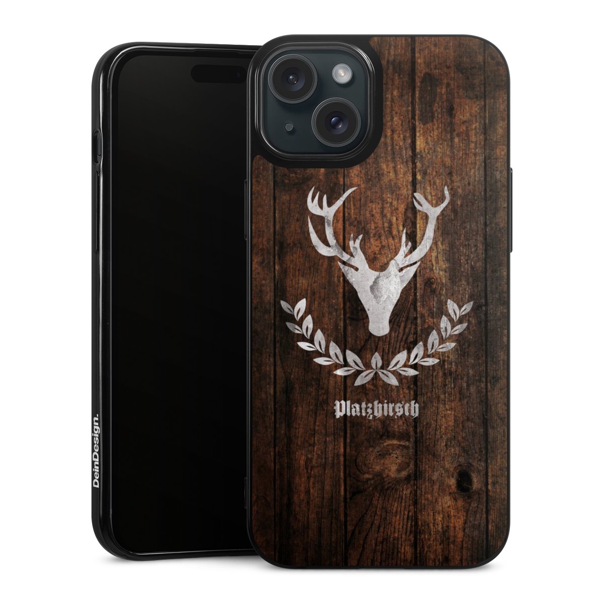 iPhone 15 Plus Handy Silikon Hülle Case schwarz Handyhülle Deer Wood Wooden Look