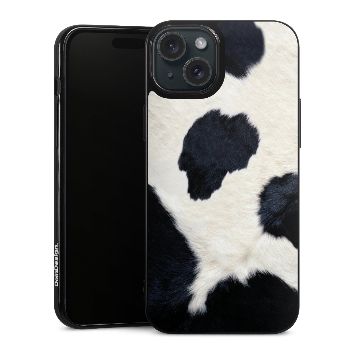 iPhone 15 Plus Handy Silikon Hülle Case schwarz Handyhülle Animal Look Animal Print Cow Skin