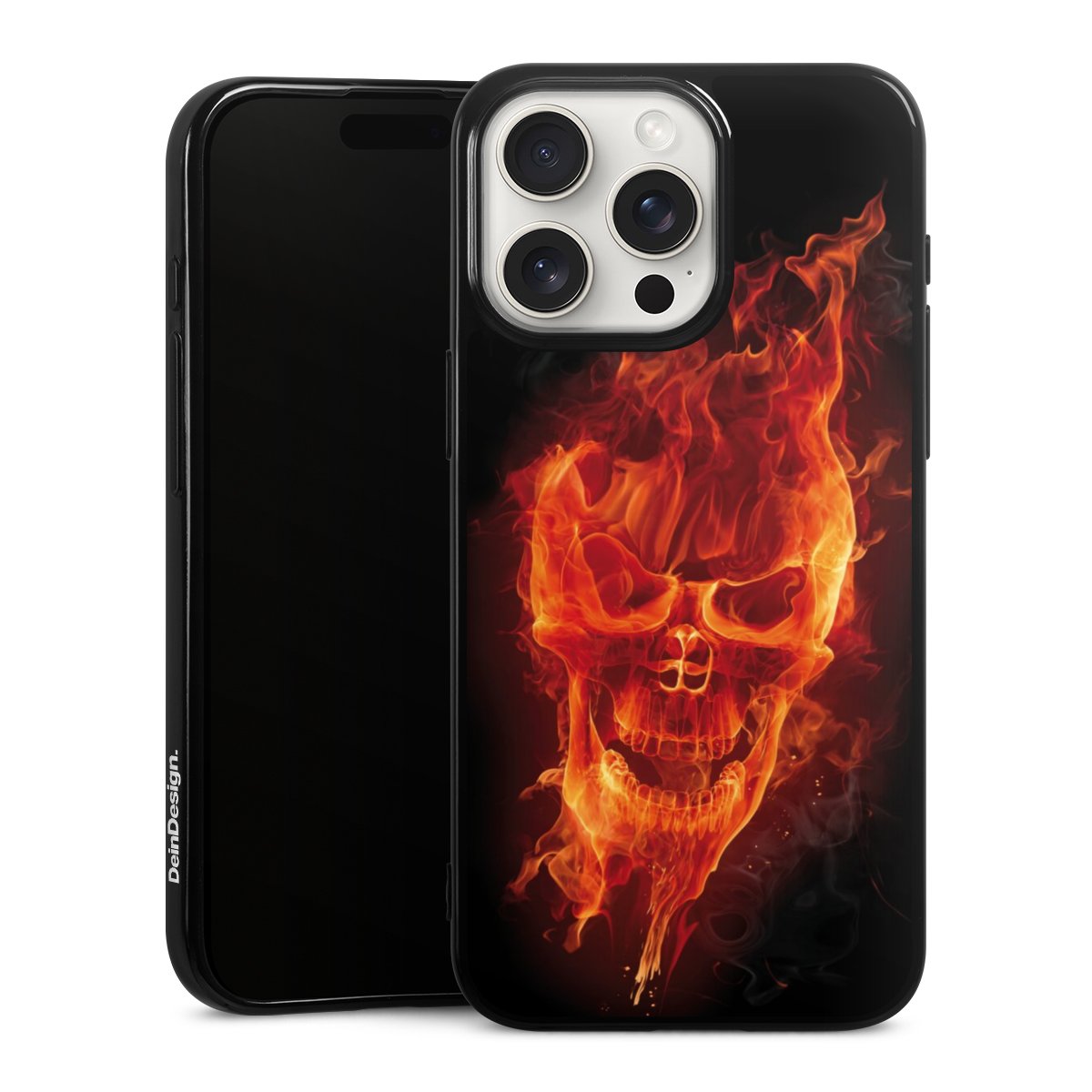 iPhone 15 Pro Max Handy Silikon Hülle Case schwarz Handyhülle Totenkopf Skull Fire