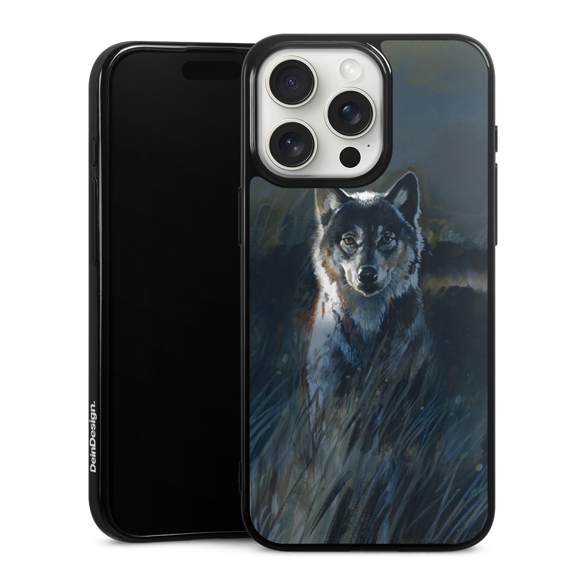 iPhone 15 Pro Max Handy Silikon Hülle Case schwarz Handyhülle Nature Wolf Painting