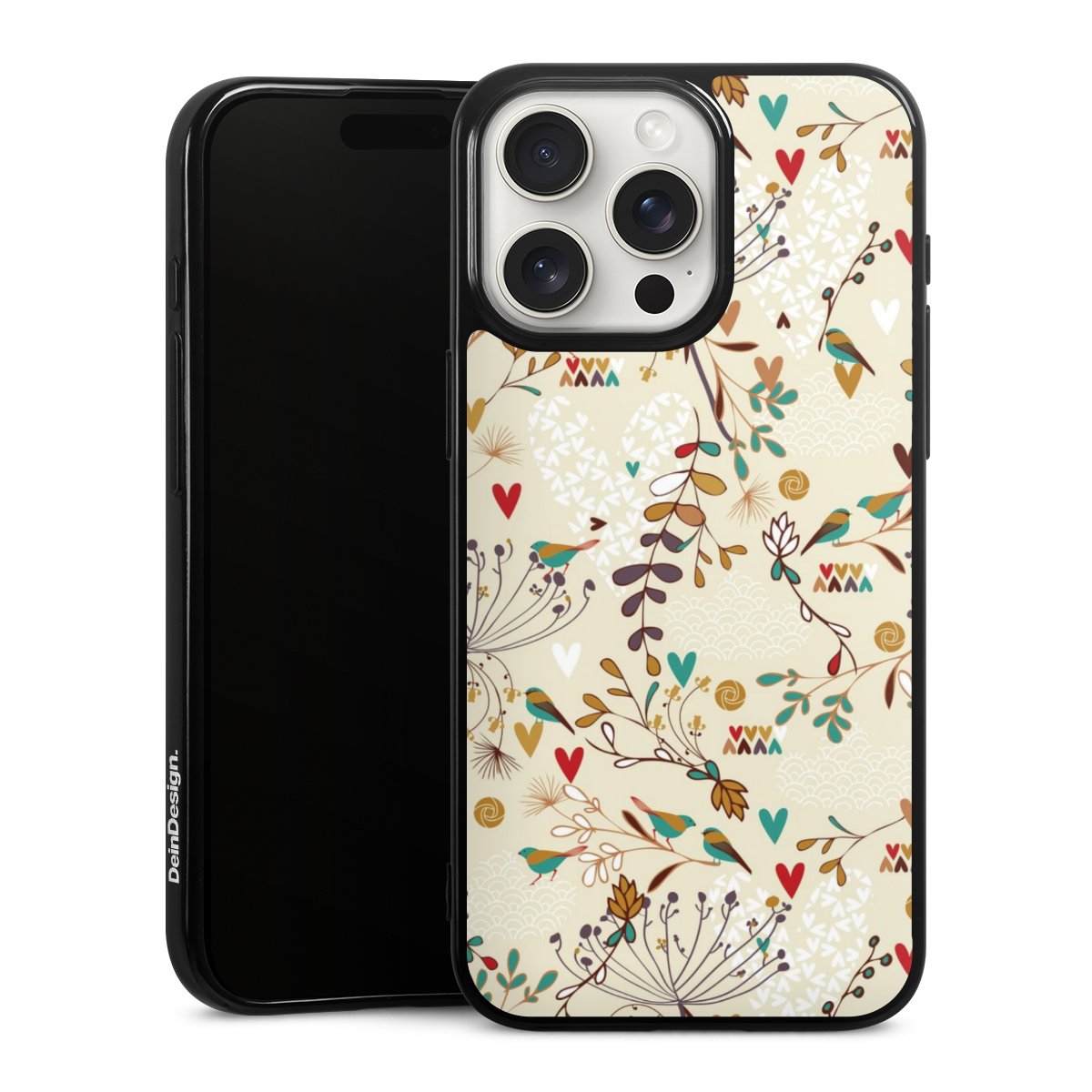 iPhone 15 Pro Max Handy Silikon Hülle Case schwarz Handyhülle Bird Flowers Retro