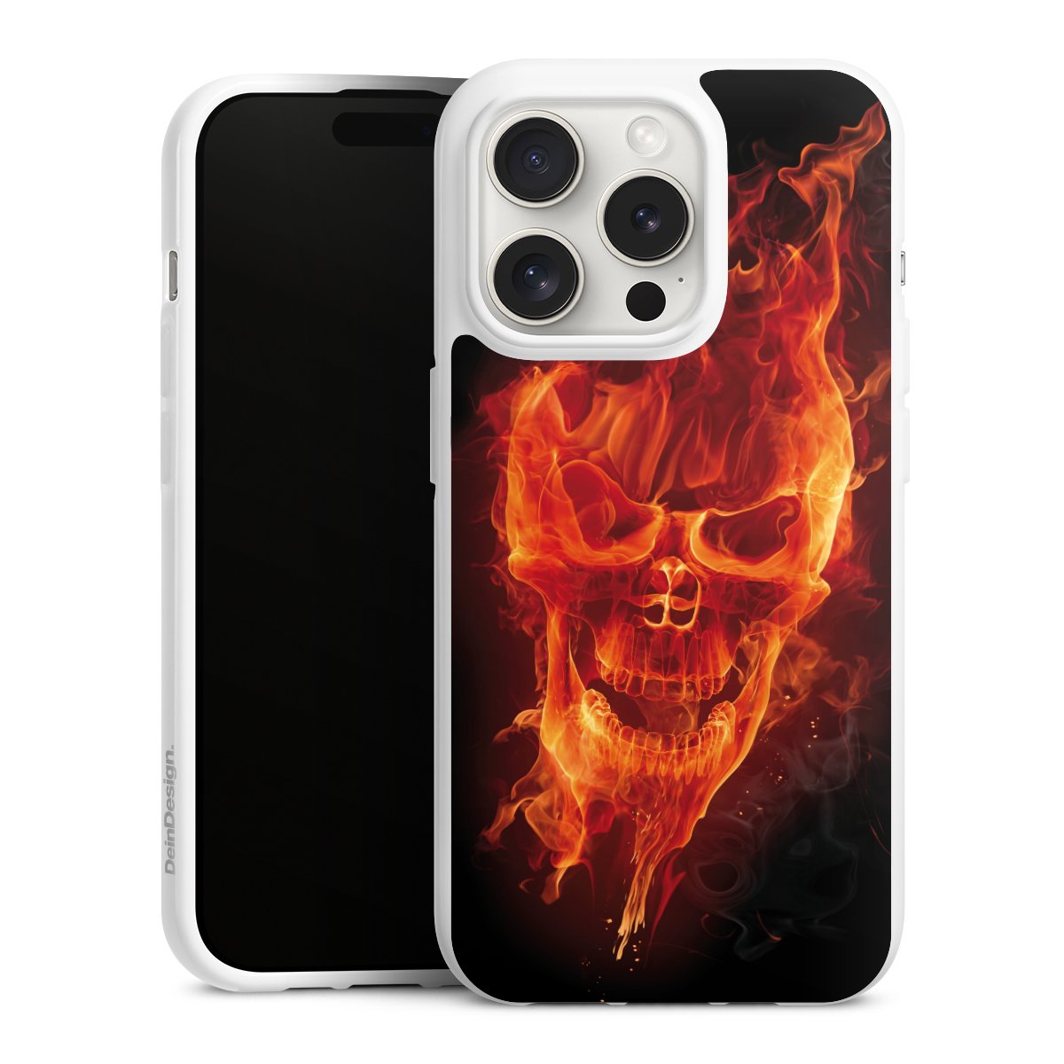 iPhone 15 Pro Handy Silikon Hülle Case weiß Handyhülle Totenkopf Skull Fire Silikon Case