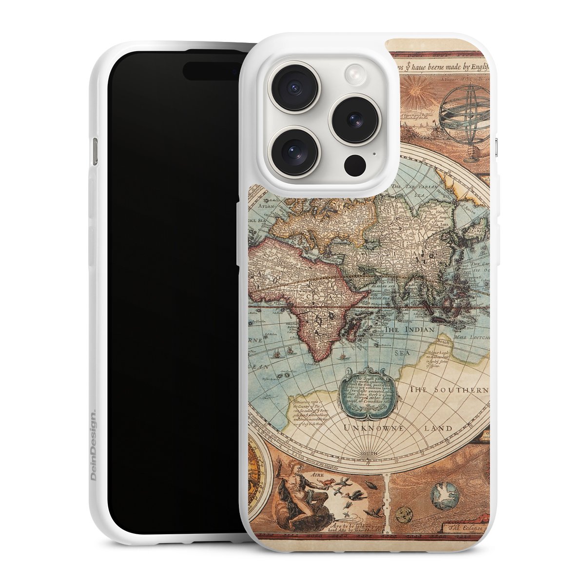 iPhone 15 Pro Handy Silikon Hülle Case weiß Handyhülle World Map Vintage Map Silikon Case