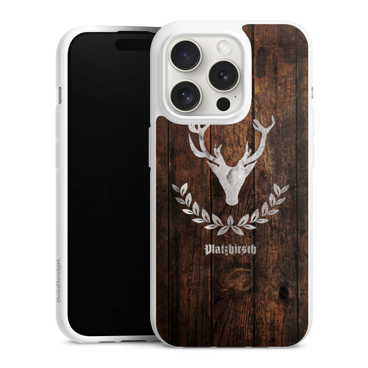 iPhone 15 Pro Handy Silikon Hülle Case weiß Handyhülle Deer Wood Wooden Look Silikon Case