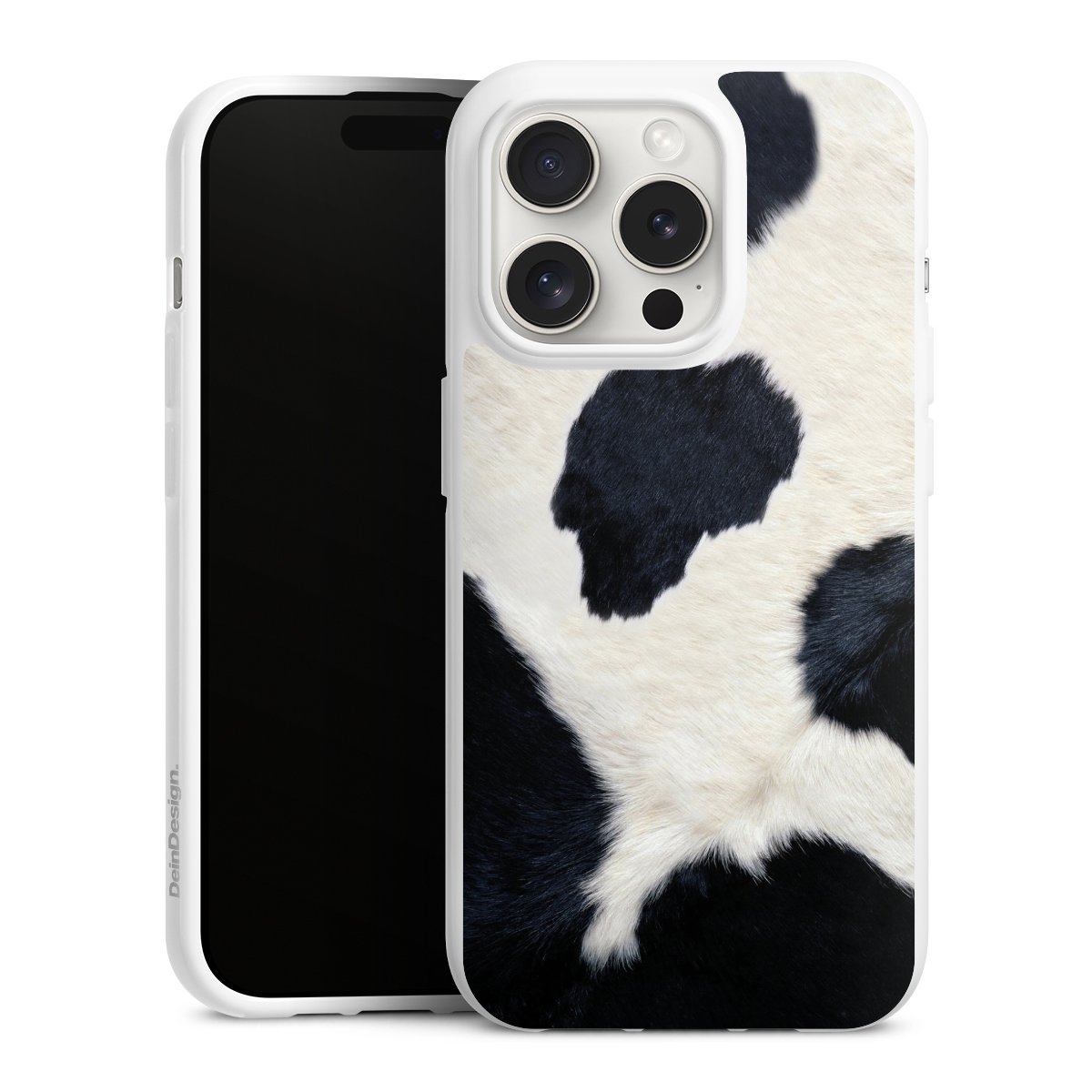 iPhone 15 Pro Handy Silikon Hülle Case weiß Handyhülle Animal Look Animal Print Cow Skin Silikon Case