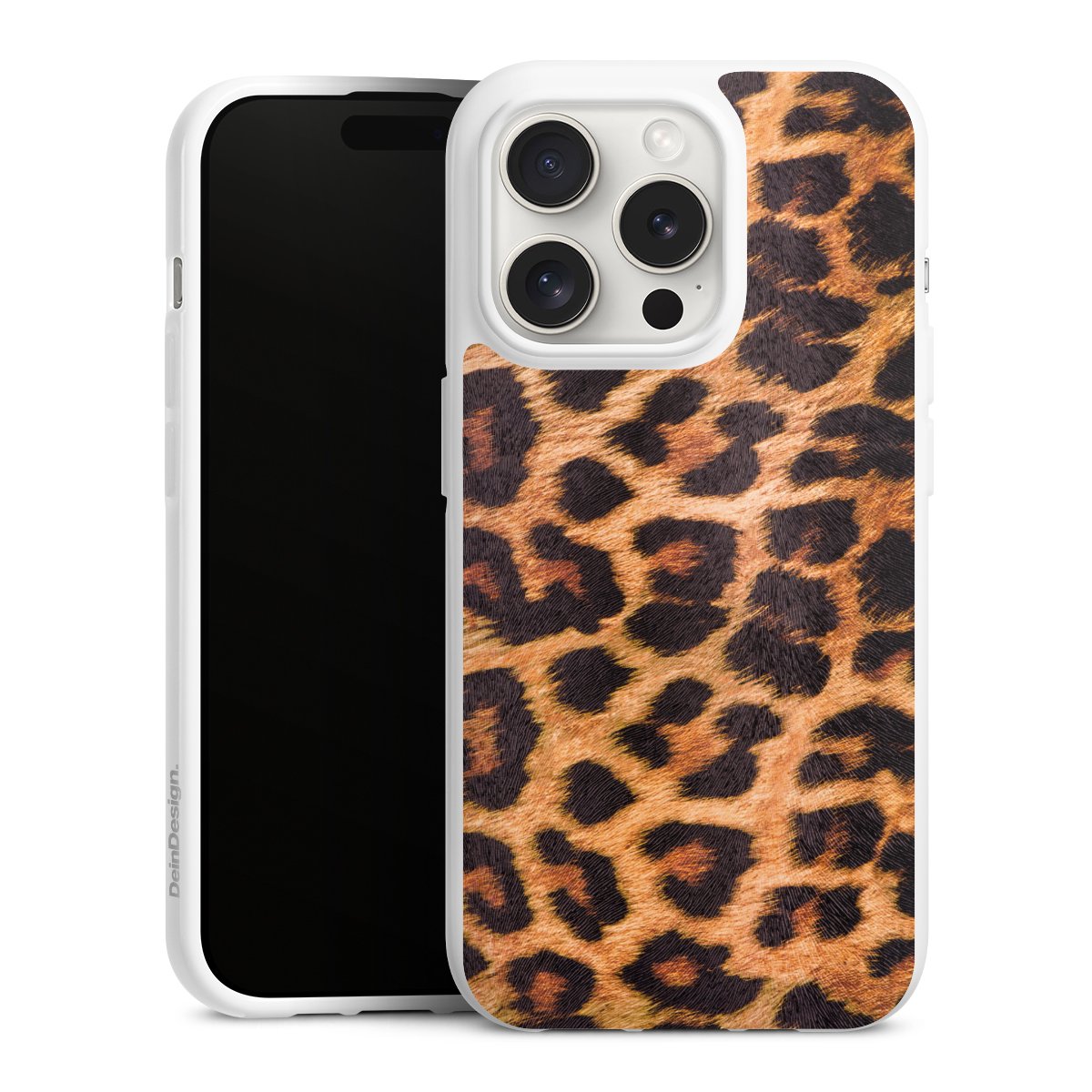 iPhone 15 Pro Handy Silikon Hülle Case weiß Handyhülle Animal Print Leopard Fur Silikon Case