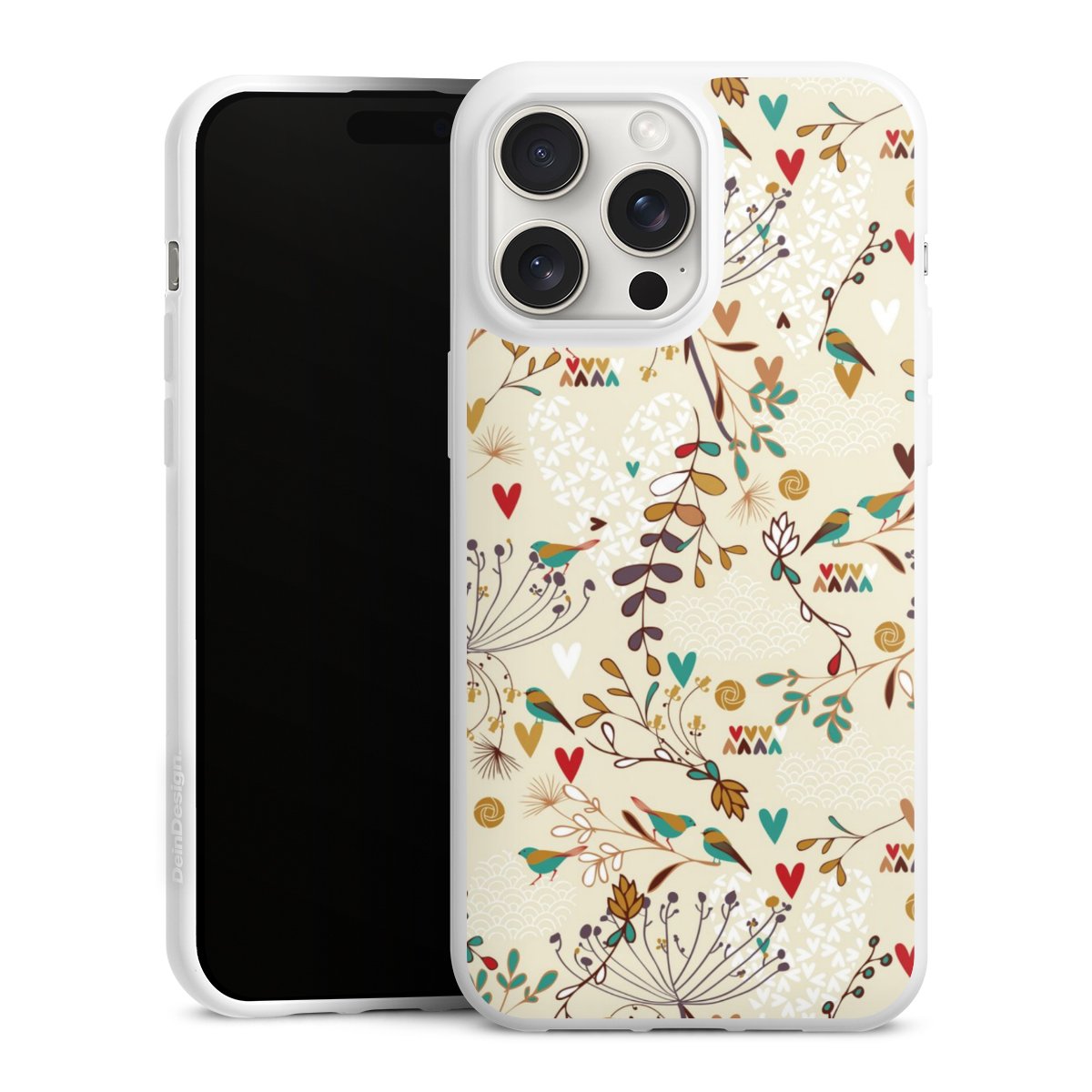 iPhone 15 Pro Max Handy Silikon Hülle Case weiß Handyhülle Bird Flowers Retro Silikon Case