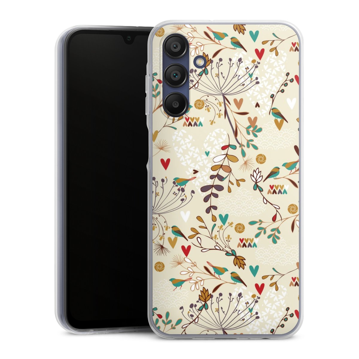 Galaxy A15 5G Handy Silikon Hülle Case transparent Handyhülle Bird Flowers Retro Silikon Case