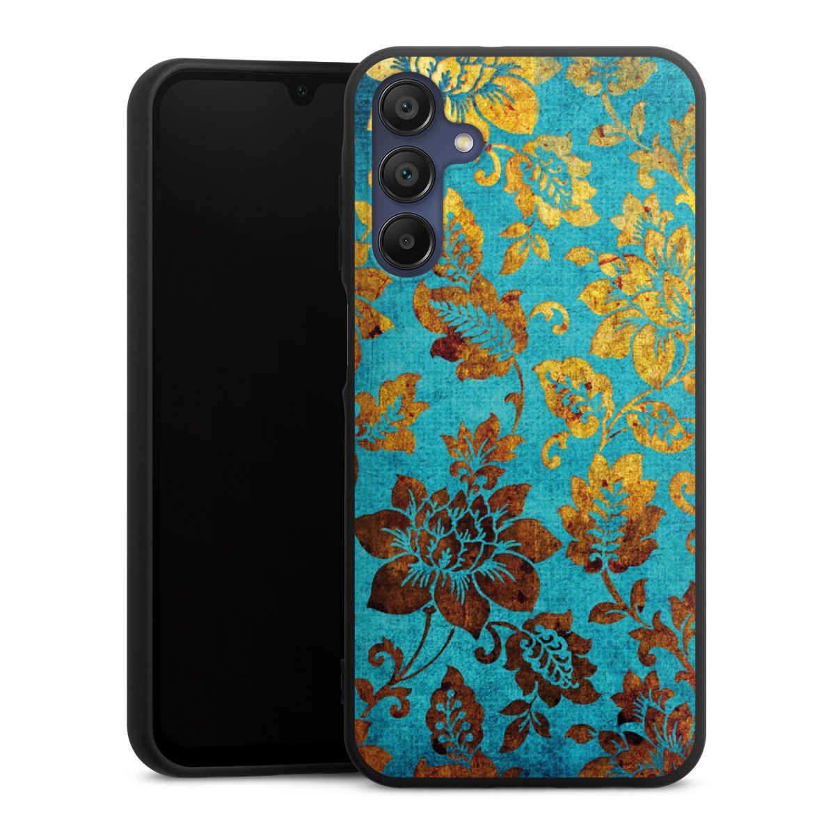 Galaxy A15 5G Handy Premium Silikon Hülle Handyhülle schwarz Case Ornament Vintage Flowers Silikon Premium Case