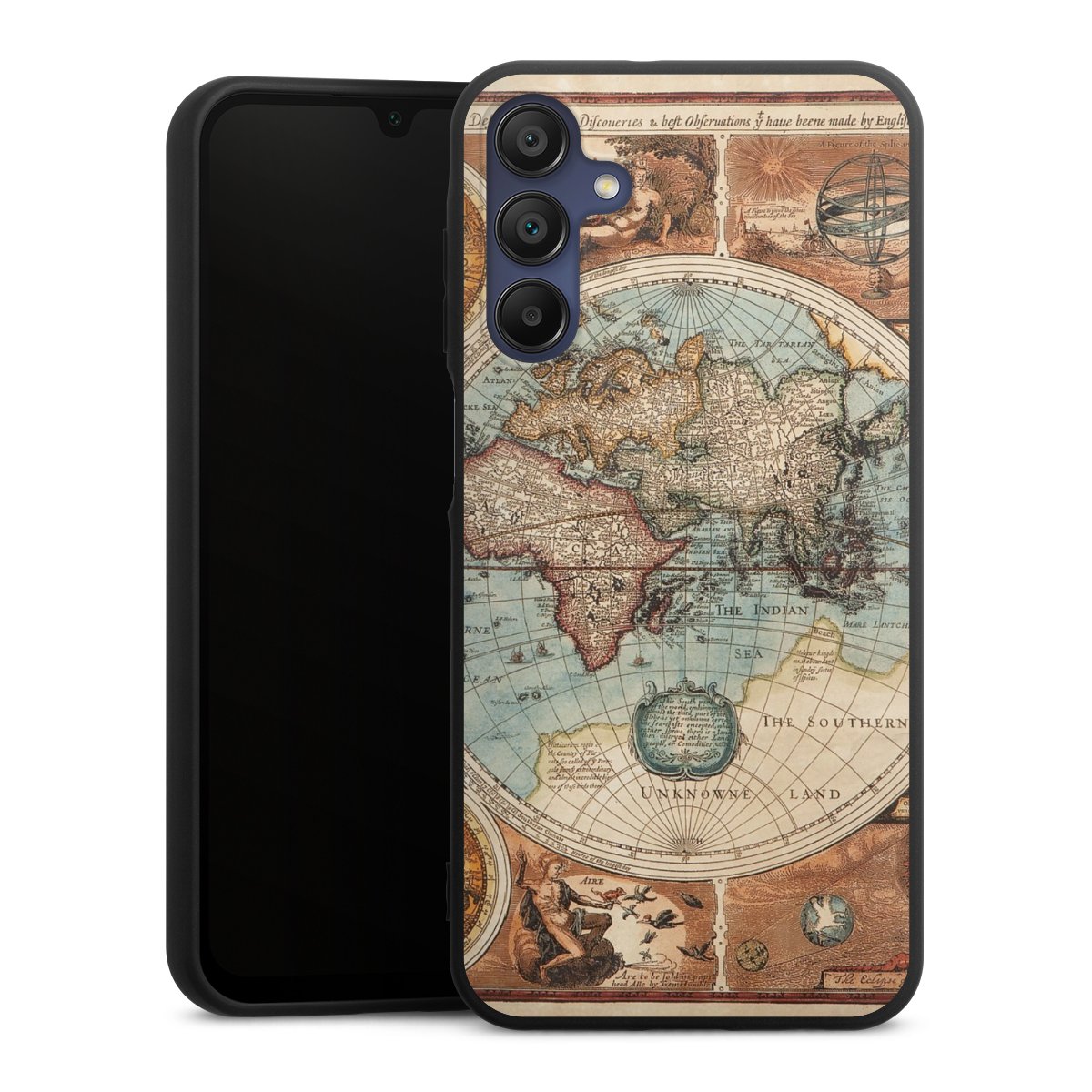 Galaxy A15 5G Handy Premium Silikon Hülle Handyhülle schwarz Case World Map Vintage Map Silikon Premium Case