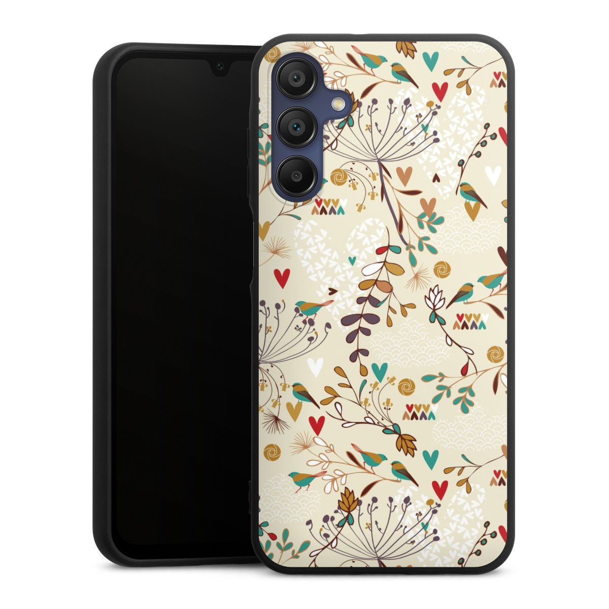 Galaxy A15 5G Handy Premium Silikon Hülle Handyhülle schwarz Case Bird Flowers Retro Silikon Premium Case