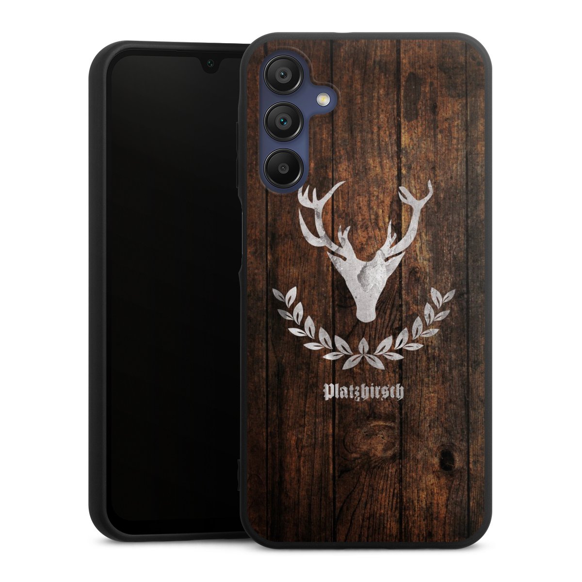 Galaxy A15 5G Handy Premium Silikon Hülle Handyhülle schwarz Case Deer Wood Wooden Look Silikon Premium Case