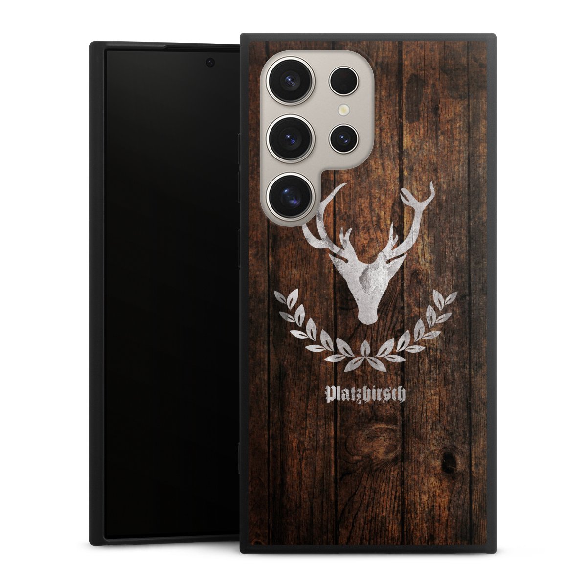 Galaxy S24 Ultra Handy Premium Silikon Hülle Handyhülle schwarz Case Deer Wood Wooden Look Silikon Premium Case