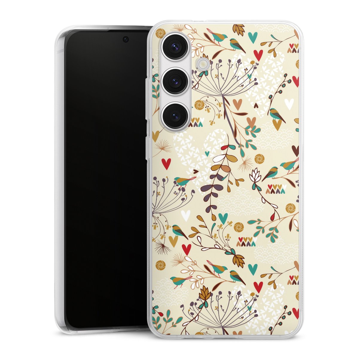 Galaxy S24+ Handy Silikon Hülle Case transparent Handyhülle Bird Flowers Retro Silikon Case