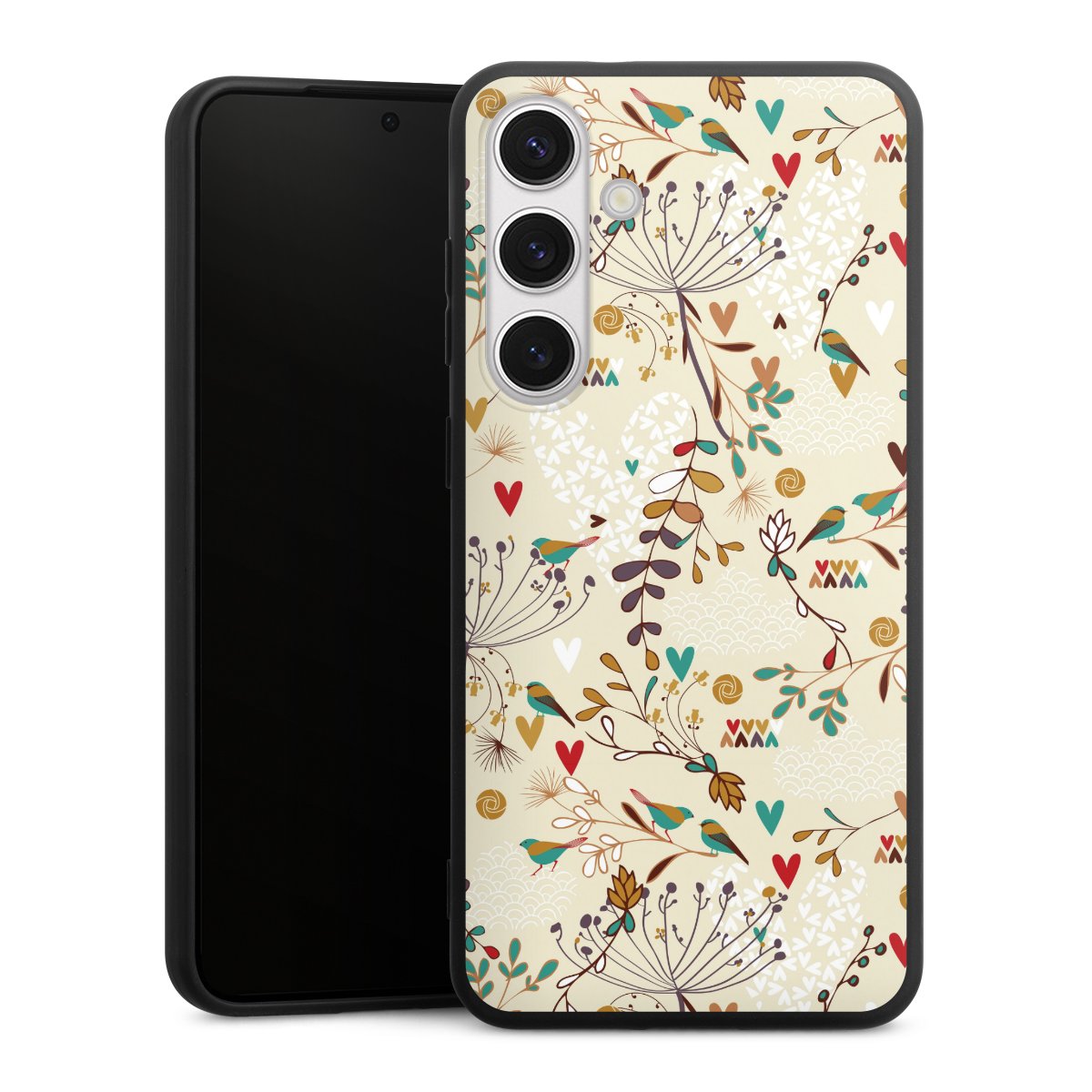 Galaxy S24+ Handy Premium Silikon Hülle Handyhülle schwarz Case Bird Flowers Retro Silikon Premium Case