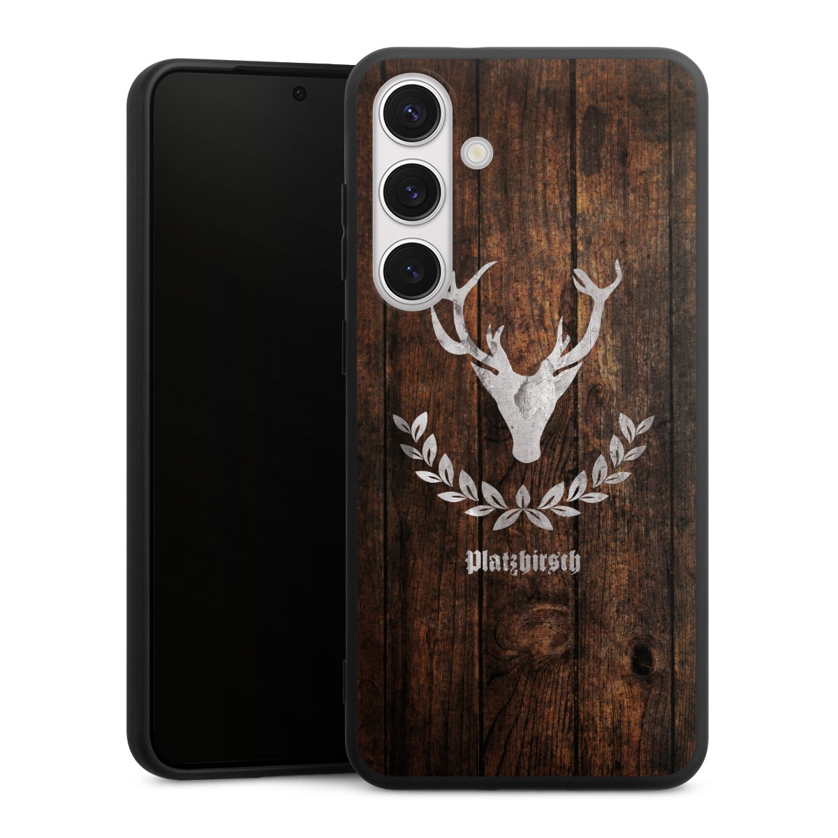 Galaxy S24+ Handy Premium Silikon Hülle Handyhülle schwarz Case Deer Wood Wooden Look Silikon Premium Case