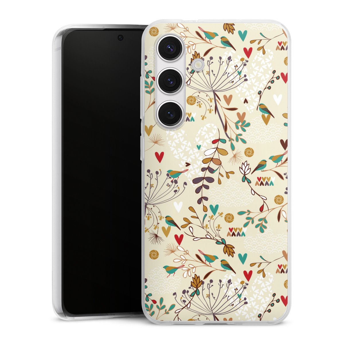 Galaxy S24 Handy Silikon Hülle Case transparent Handyhülle Bird Flowers Retro Silikon Case