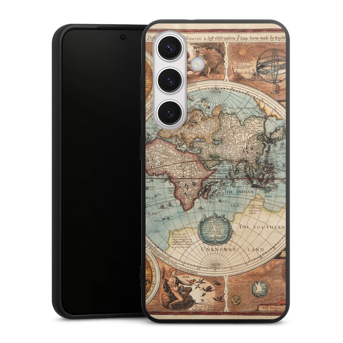 Galaxy S24 Handy Premium Silikon Hülle Handyhülle schwarz Case World Map Vintage Map Silikon Premium Case