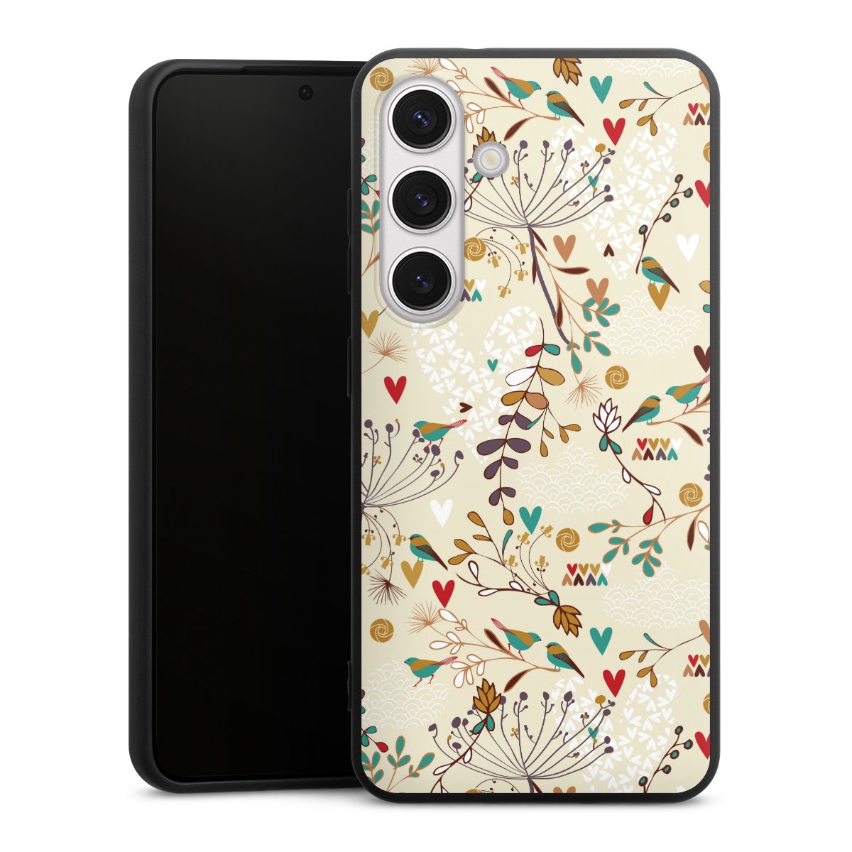 Galaxy S24 Handy Premium Silikon Hülle Handyhülle schwarz Case Bird Flowers Retro Silikon Premium Case