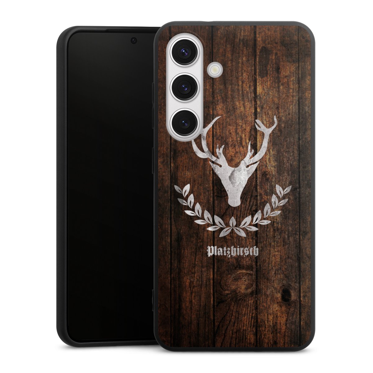 Galaxy S24 Handy Premium Silikon Hülle Handyhülle schwarz Case Deer Wood Wooden Look Silikon Premium Case