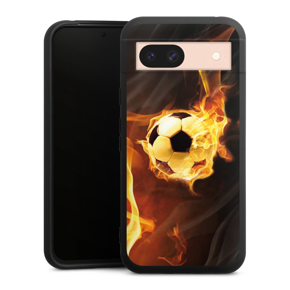 Google Pixel 8a Handy Premium Silikon Hülle Handyhülle schwarz Case Ball Fire Soccer Silikon Premium Case