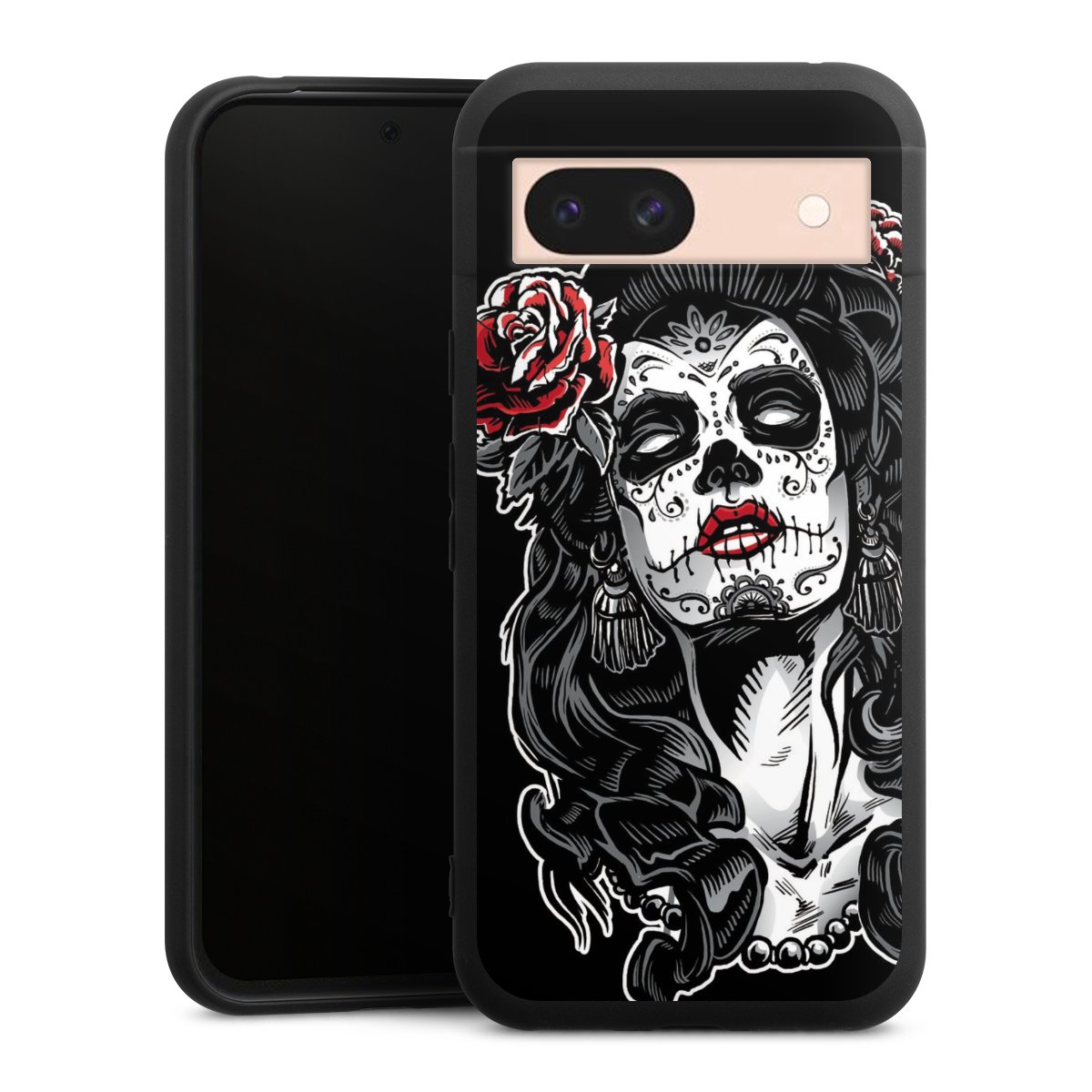 Google Pixel 8a Handy Premium Silikon Hülle Handyhülle schwarz Case Totenkopf Día De Los Muertos Rock 'N' Roll Silikon Premium Case