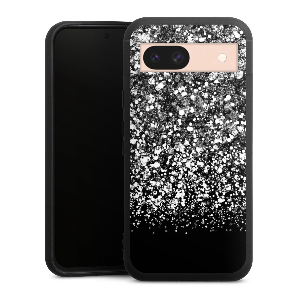 Google Pixel 8a Handy Premium Silikon Hülle Handyhülle schwarz Case Glitzer Snowflake Muster Silikon Premium Case