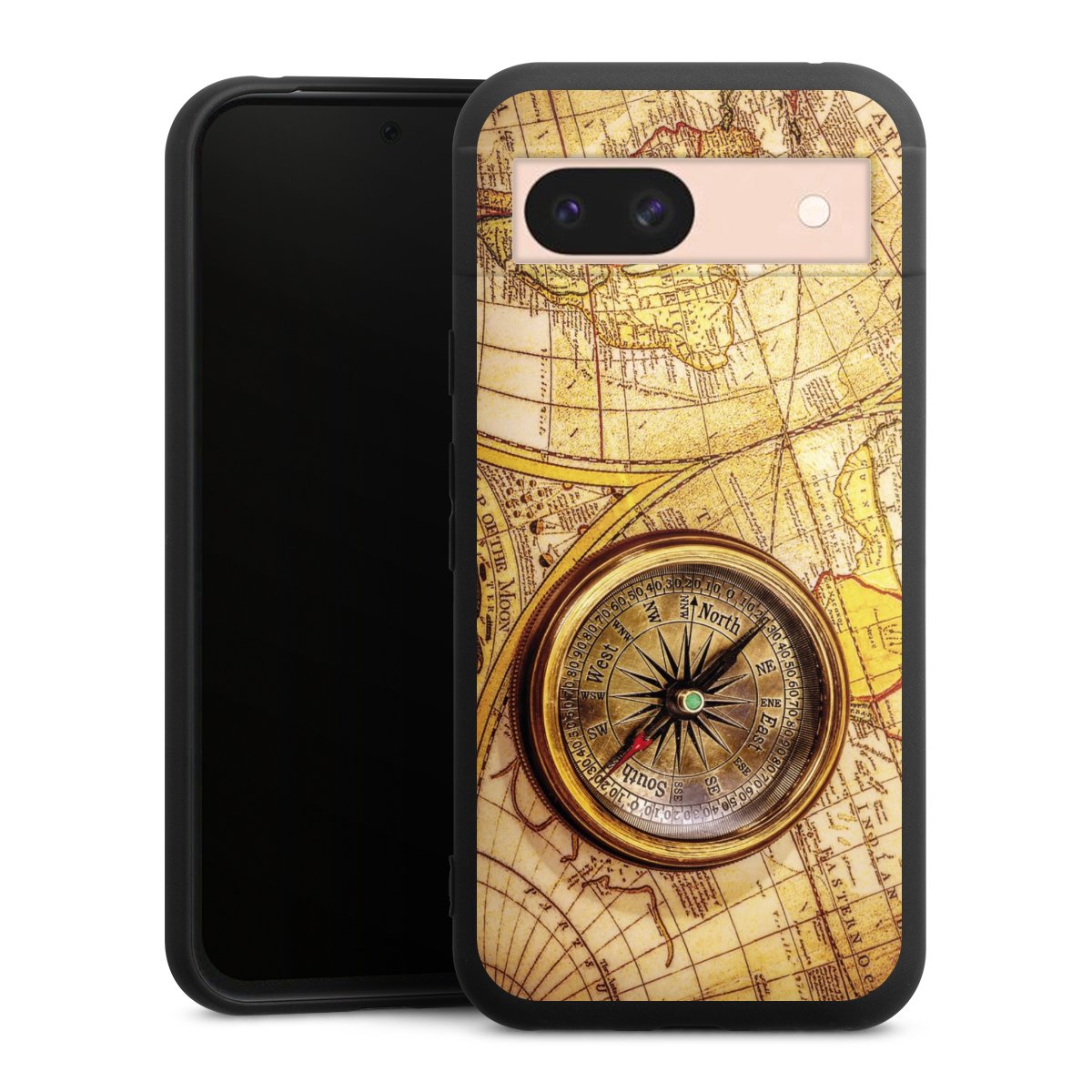 Google Pixel 8a Handy Premium Silikon Hülle Handyhülle schwarz Case World Map Map Compass Silikon Premium Case