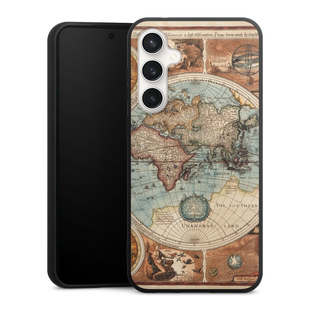 Galaxy S23 FE Handy Premium Silikon Hülle Handyhülle schwarz Case World Map Vintage Map Silikon Premium Case