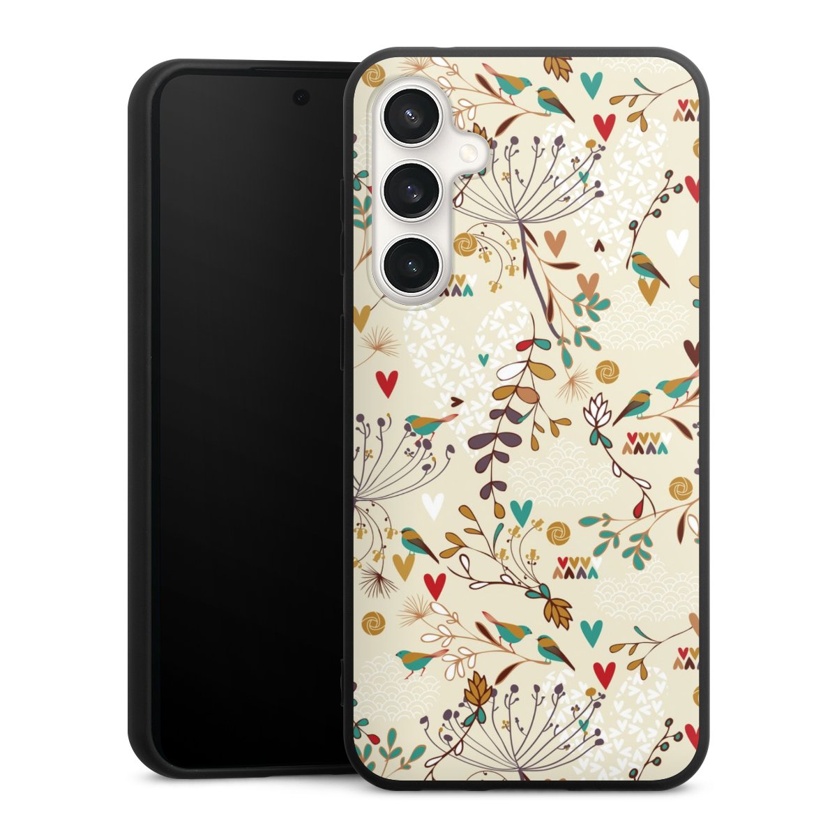 Galaxy S23 FE Handy Premium Silikon Hülle Handyhülle schwarz Case Bird Flowers Retro Silikon Premium Case