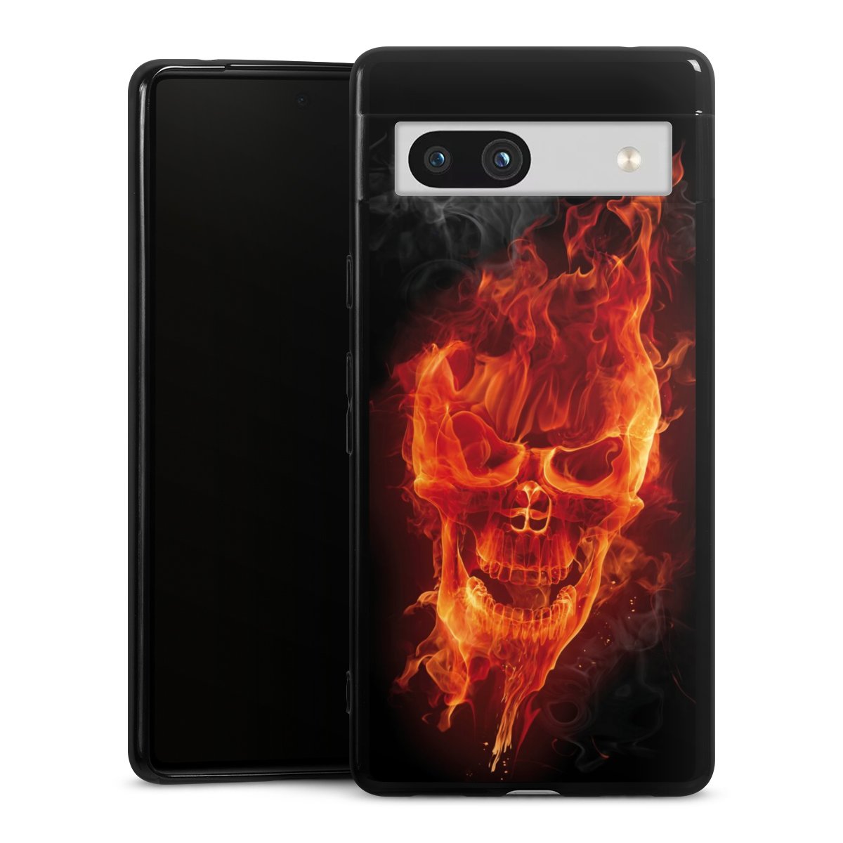 Google Pixel 7a Handy Silikon Hülle Case schwarz Handyhülle Totenkopf Skull Fire