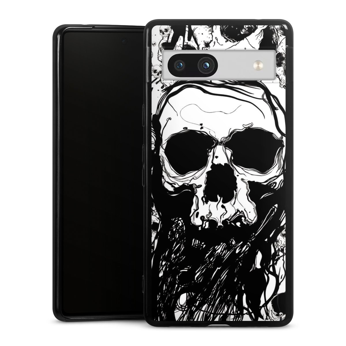 Google Pixel 7a Handy Silikon Hülle Case schwarz Handyhülle Totenkopf Halloween